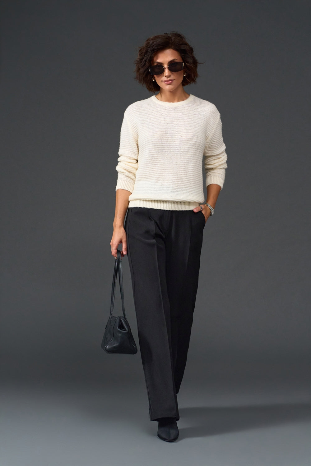 Wide Leg Pleated Trousers with Elastic Back Waist