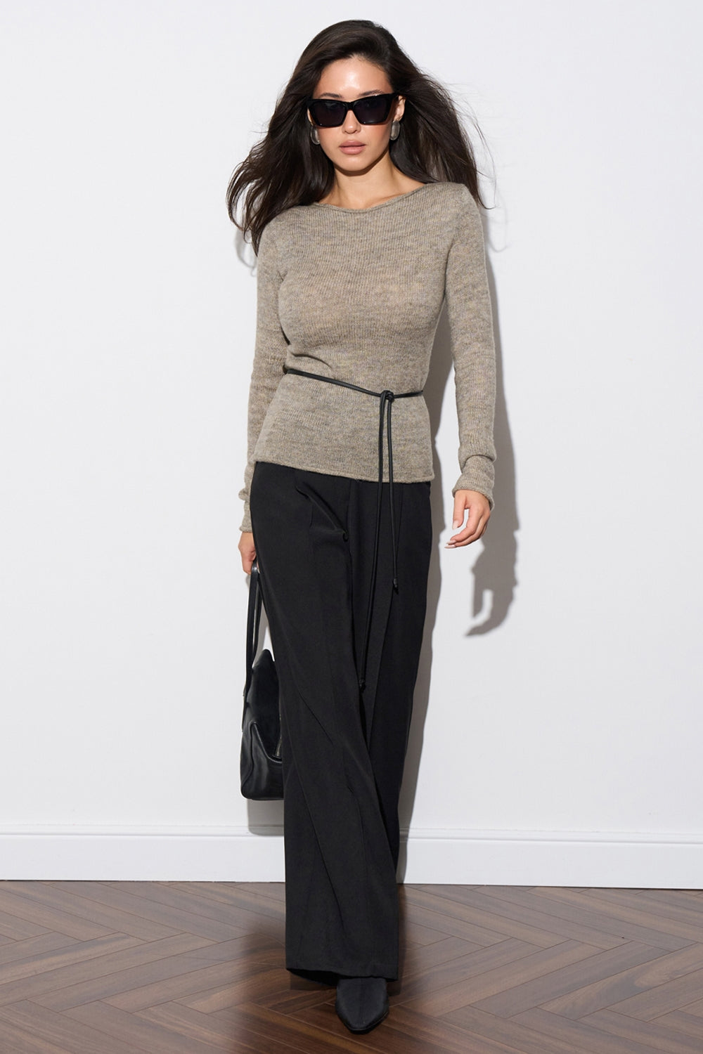 Wide Leg Pleated Trousers with Elastic Back Waist