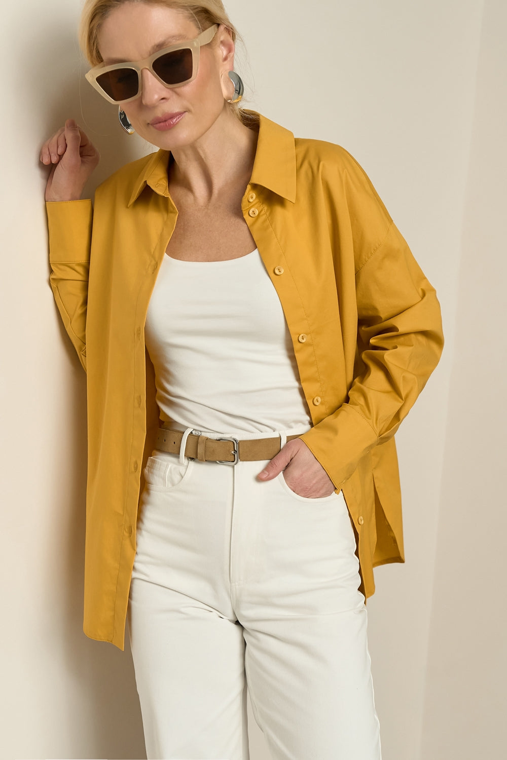 Cotton Relaxed Button Front Shirt, Mustard Yellow