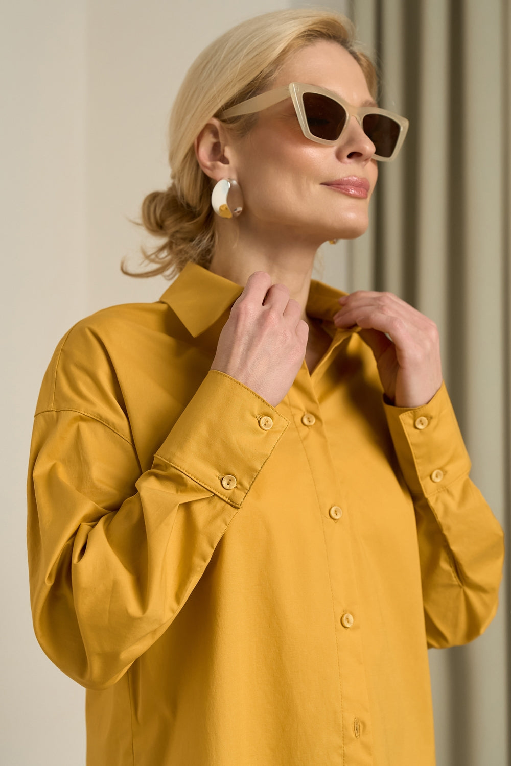 Cotton Relaxed Button Front Shirt, Mustard Yellow