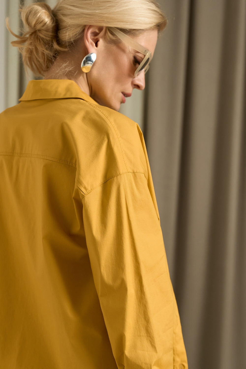 Cotton Relaxed Button Front Shirt, Mustard Yellow