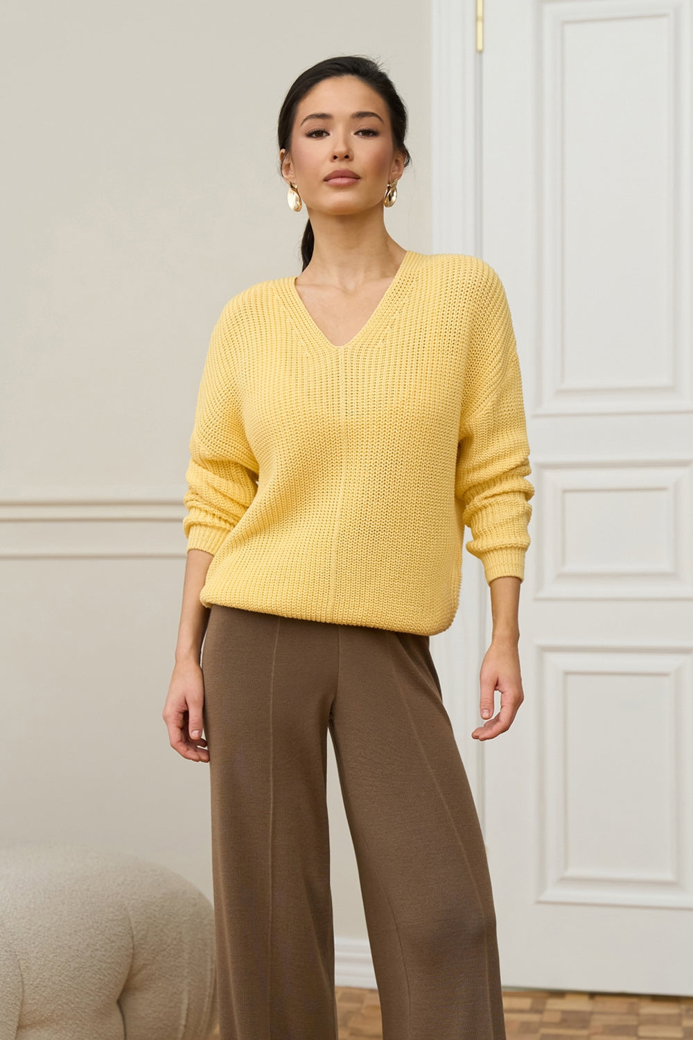 Cropped Cotton Knit V-Neck Sweater, Soft Yellow