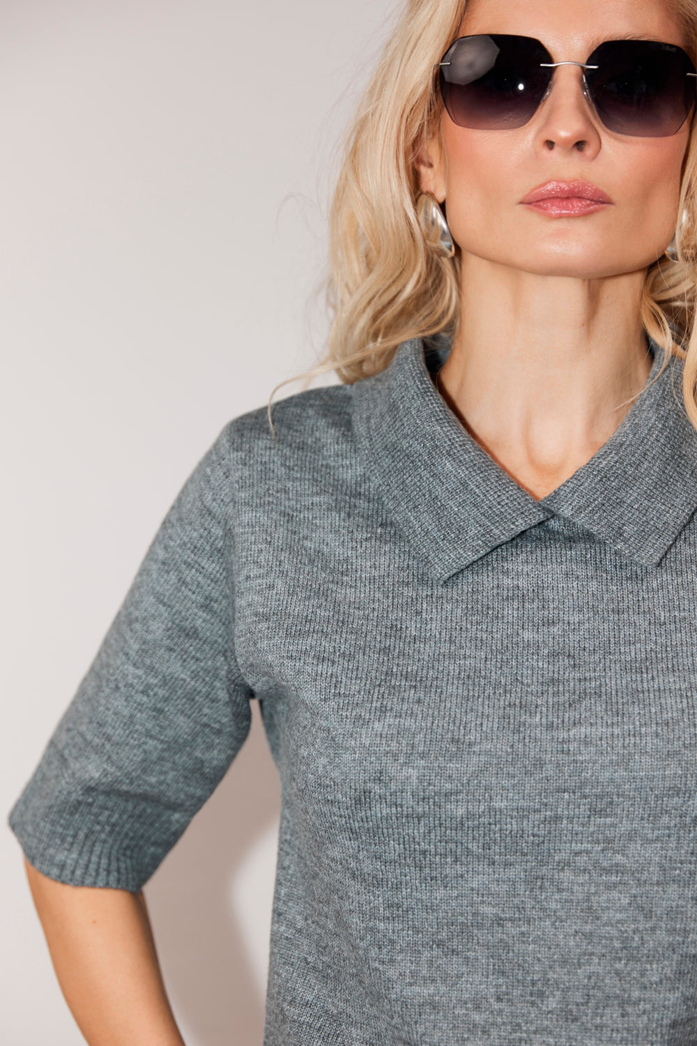 Women’s Short Sleeve Alpaca Merino Polo Sweater, Gray