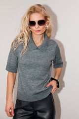 Women’s Short Sleeve Alpaca Merino Polo Sweater, Gray
