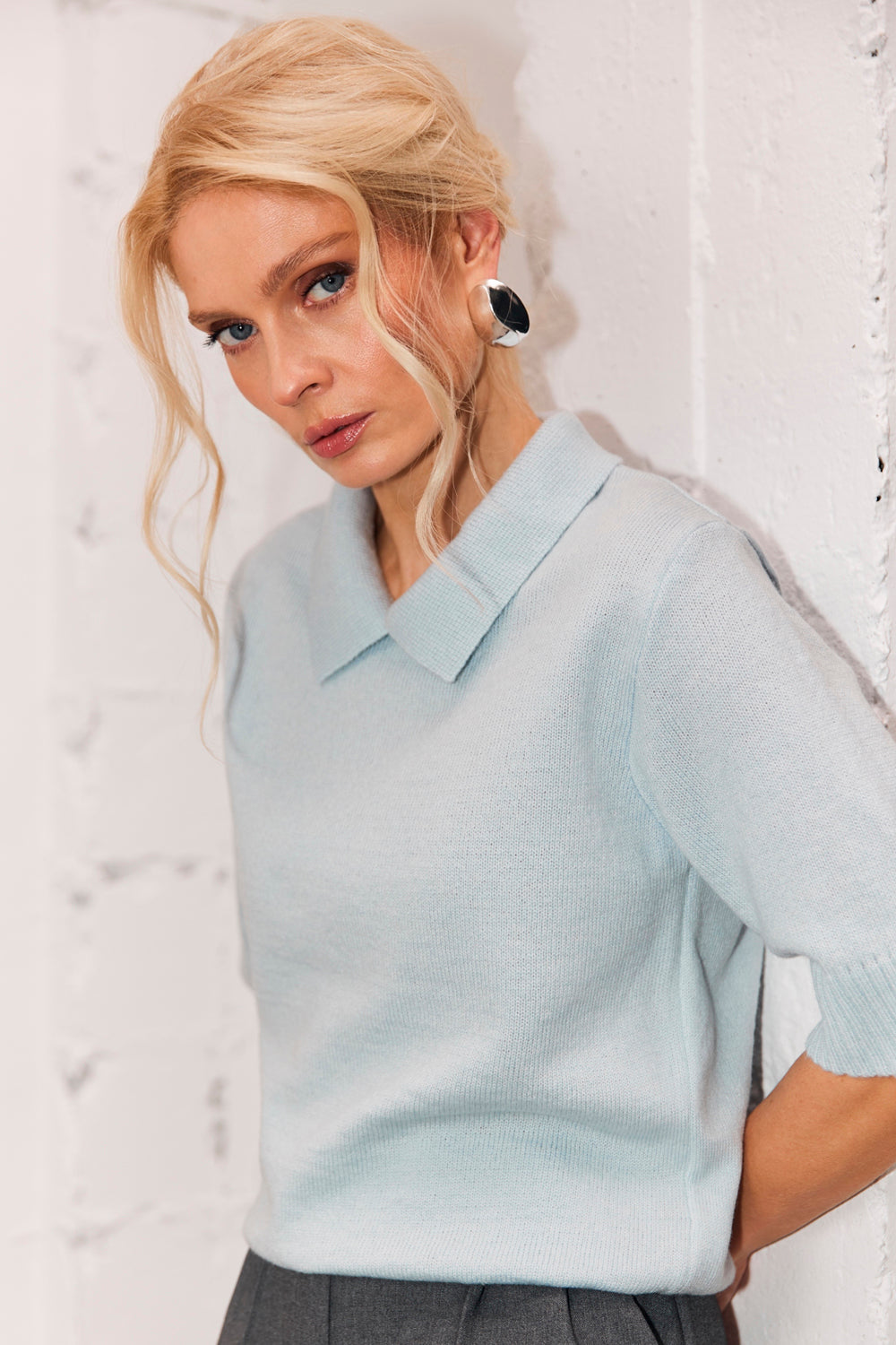 Women’s Short Sleeve Alpaca Merino Polo Sweater, Sky Blue