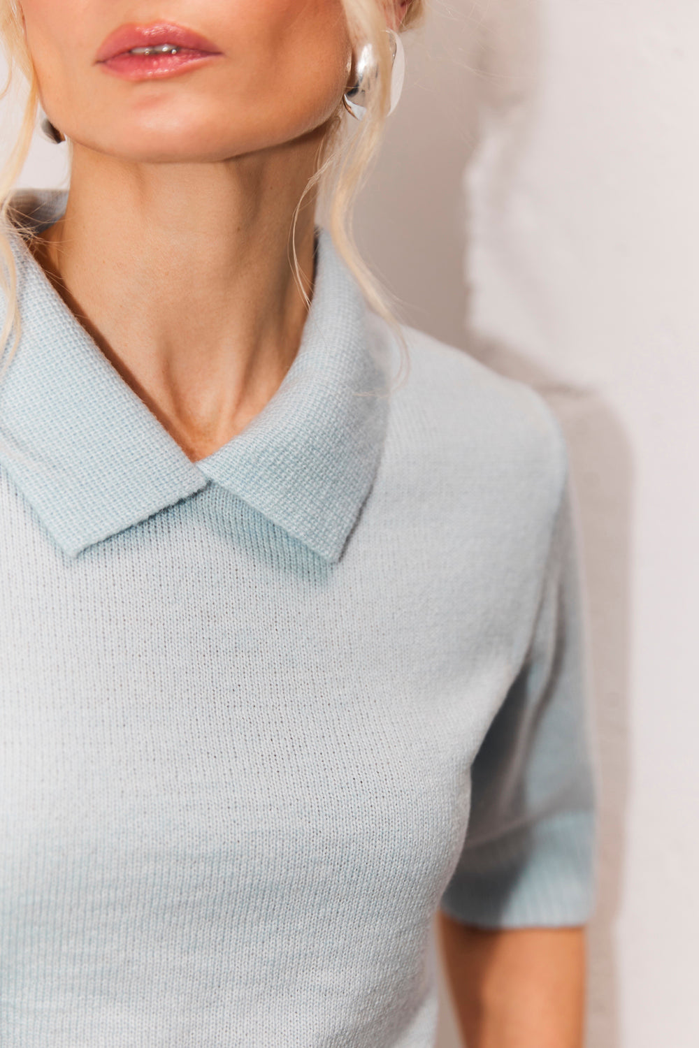 Women’s Short Sleeve Alpaca Merino Polo Sweater, Sky Blue
