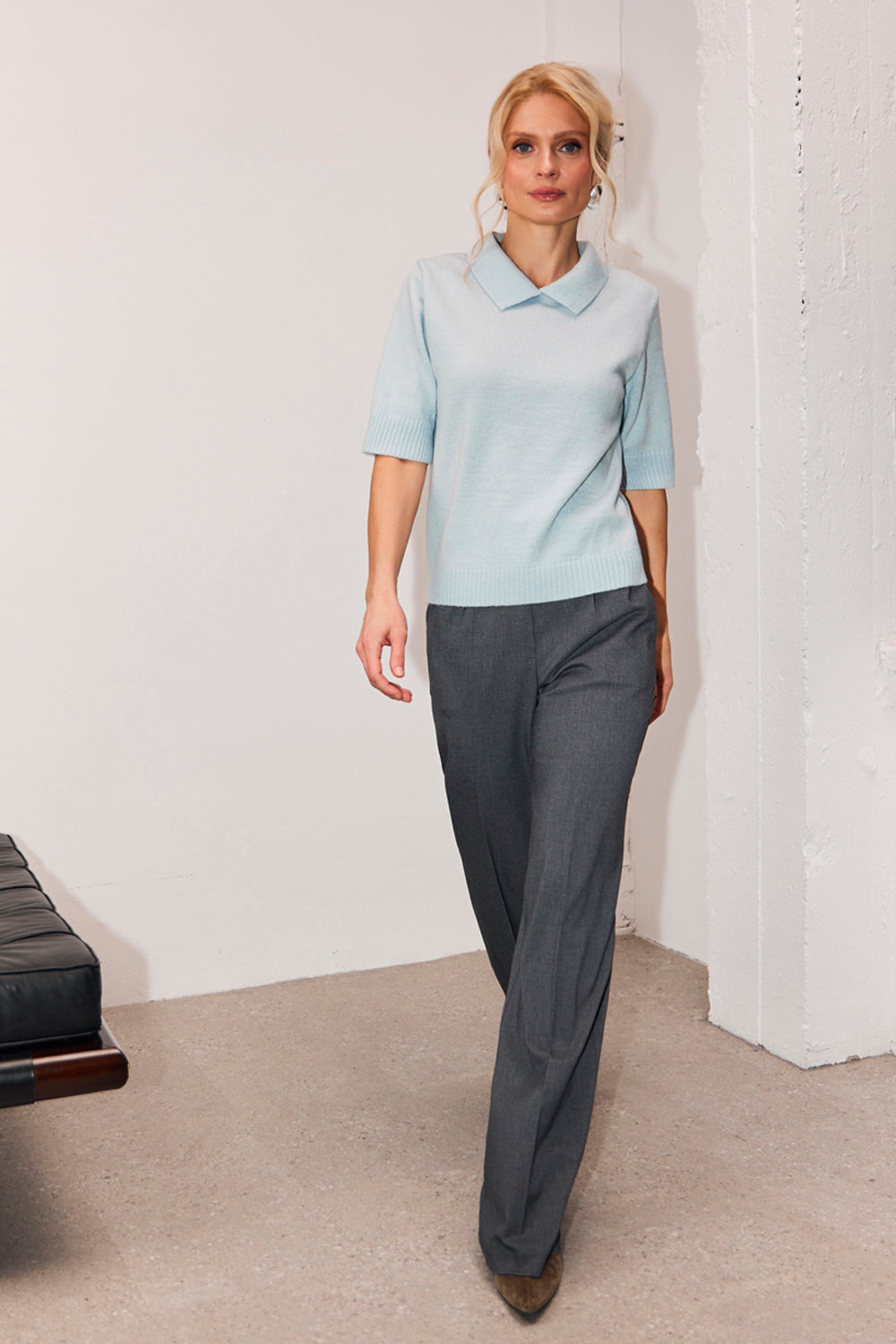 Women’s Short Sleeve Alpaca Merino Polo Sweater, Sky Blue