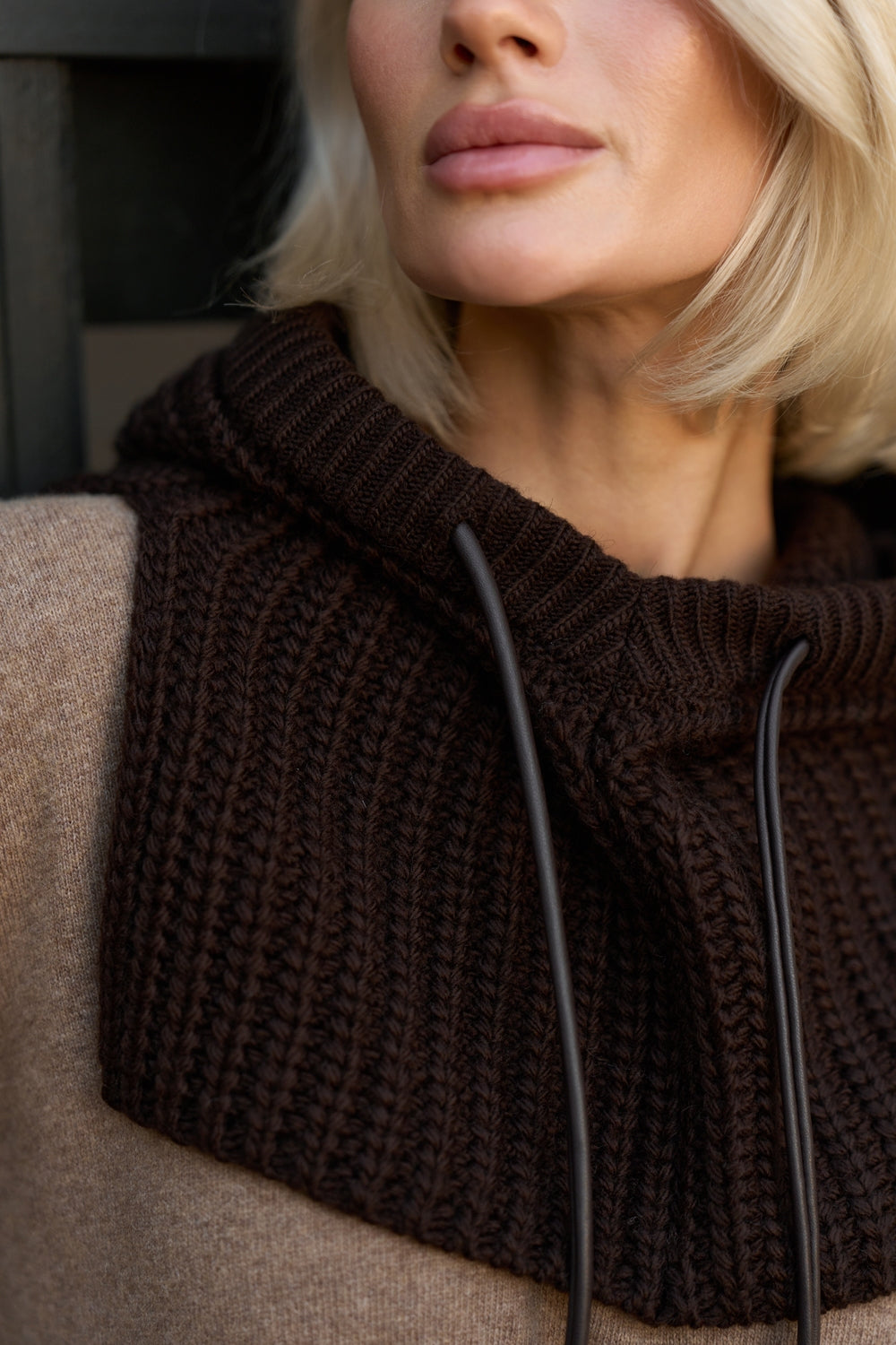 Women’s Wool Knit Hooded Scarf Snood with Drawstring