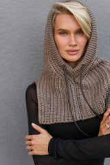 Women’s Wool Knit Hooded Scarf Snood with Drawstring