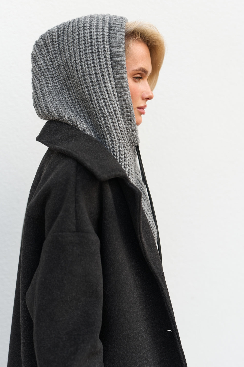 Women’s Wool Knit Hooded Scarf Snood with Drawstring