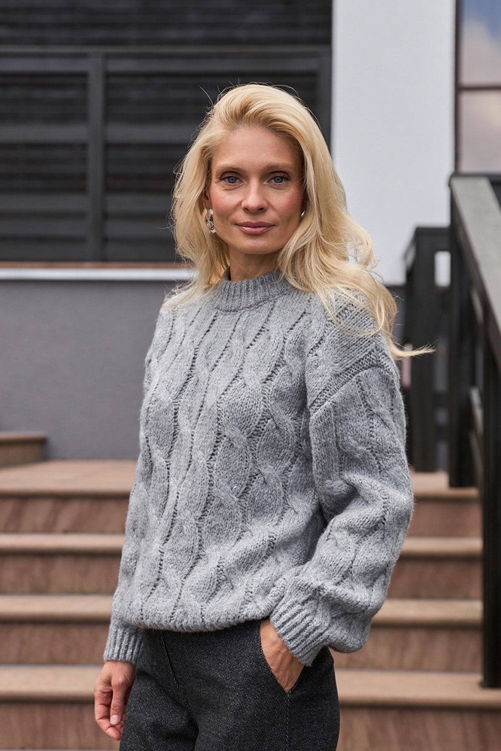 Chunky Wool Cable Sweater, Heather Gray