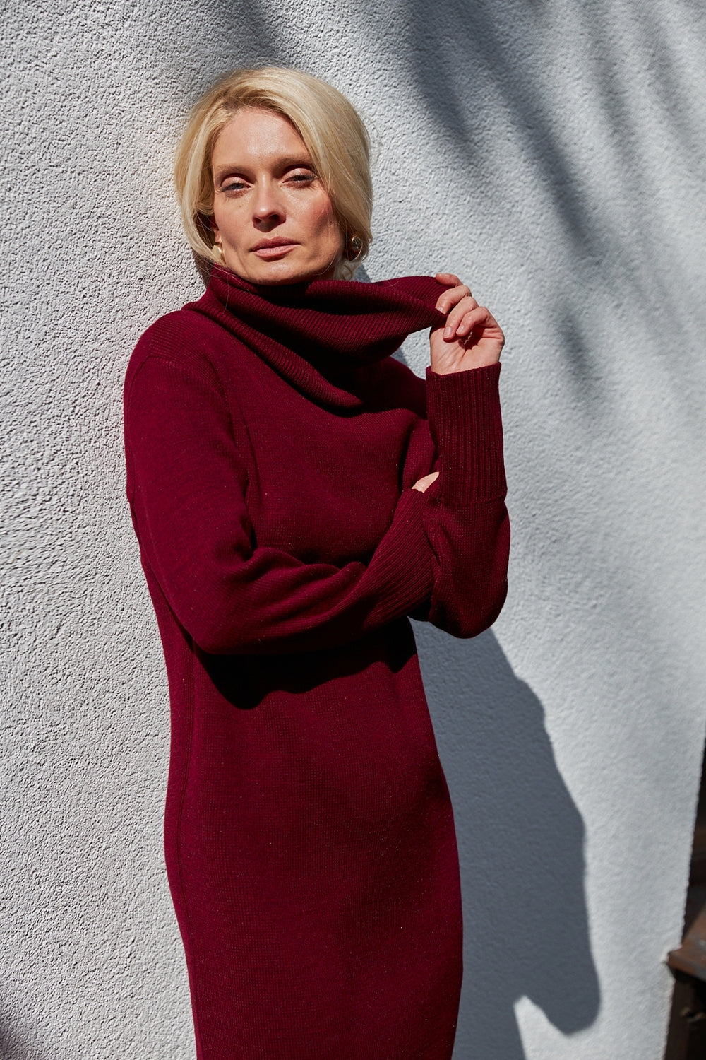 Wool Knit Midi Dress with Removable Cowl Collar, Burgundy Red