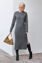 Wool Knit Midi Dress with Removable Cowl Collar, Dark Gray