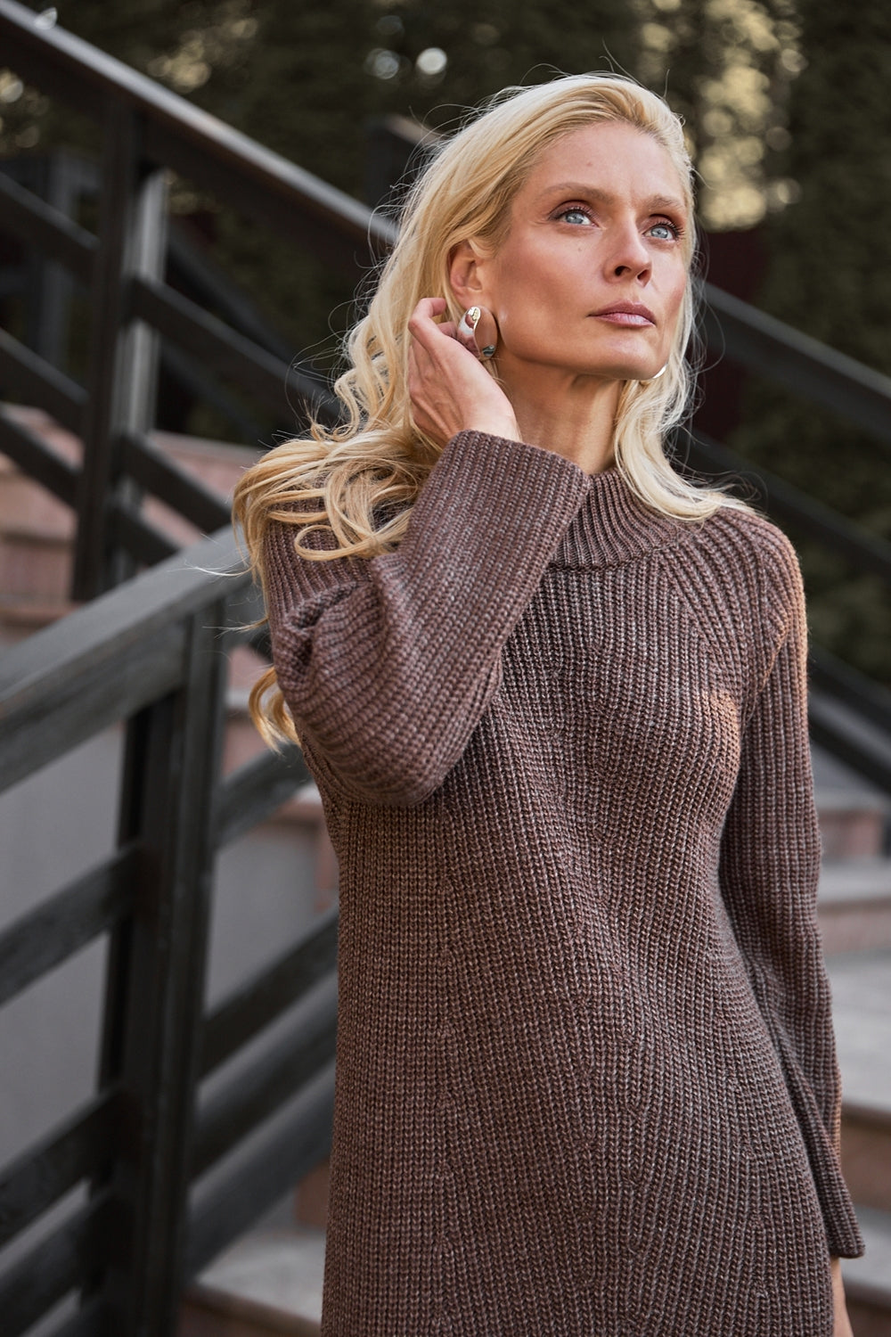 Wool Midi Sweater Dress with Mock Neck and Front Knit Pattern, Chestnut Brown