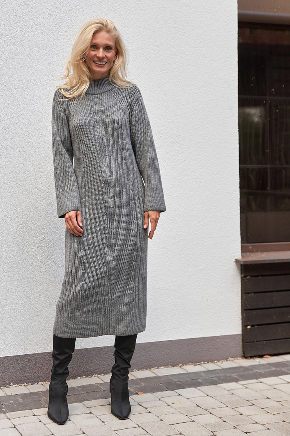 Wool Midi Sweater Dress with Mock Neck and Front Knit Pattern, Gray