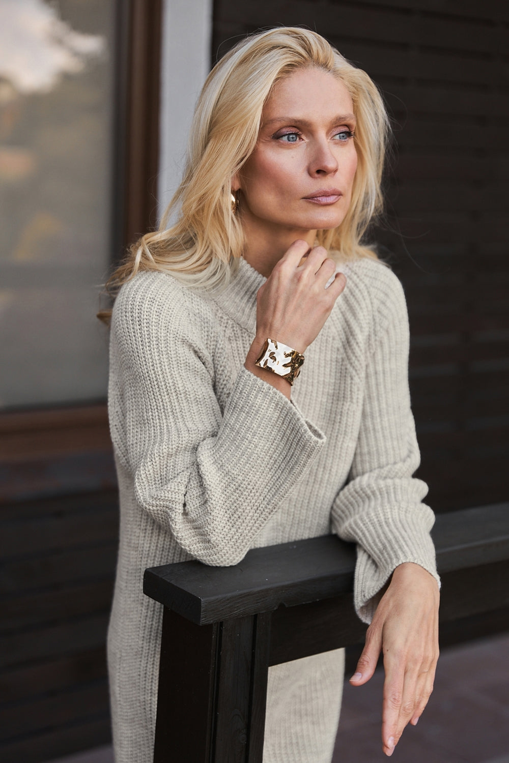 Wool Midi Sweater Dress with Mock Neck and Front Knit Pattern, Oat Flax