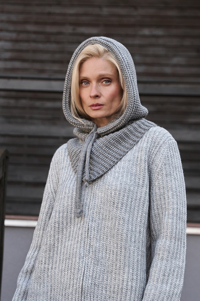 Chunky Wool Knit Snood Hooded Scarf, Gray