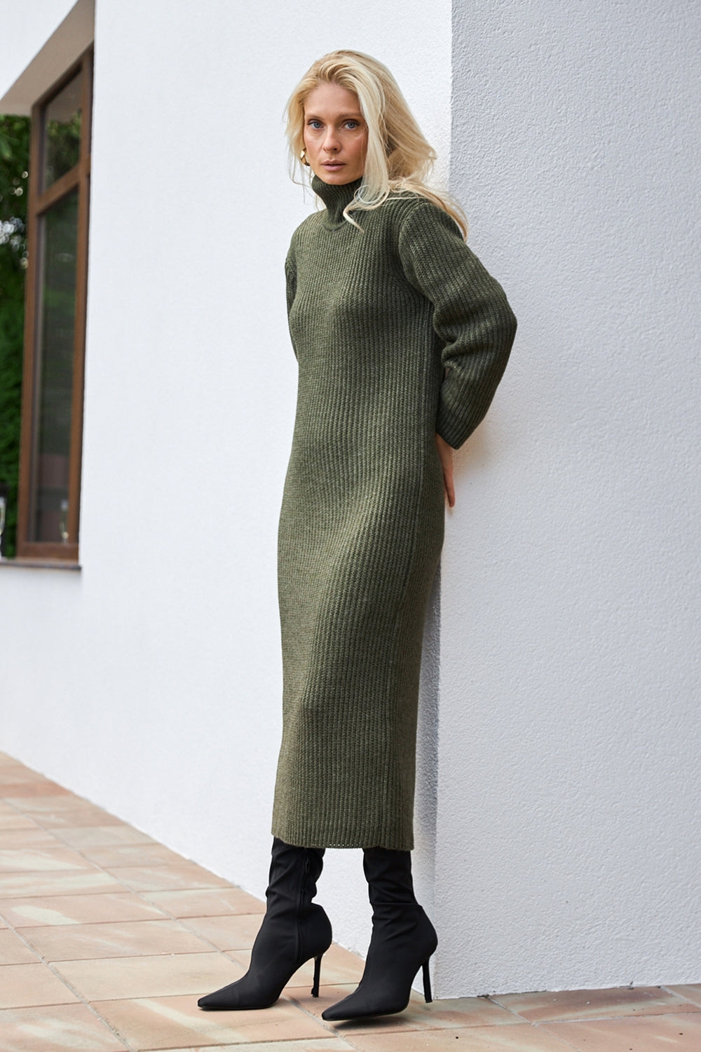 Wool Maxi Sweater Dress with High Ribbed Funnel Neck, Forest Green