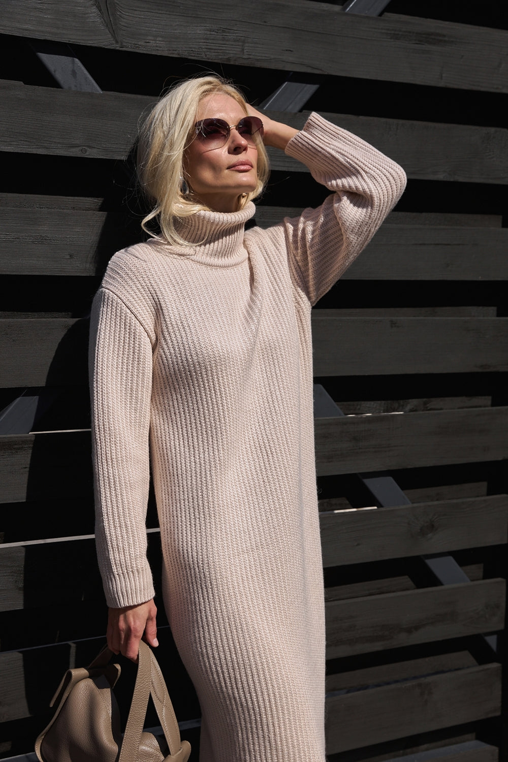 Wool Maxi Sweater Dress with High Ribbed Funnel Neck, Pearl