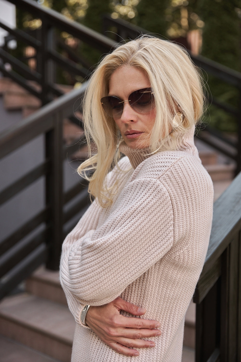 Wool Maxi Sweater Dress with High Ribbed Funnel Neck, Pearl