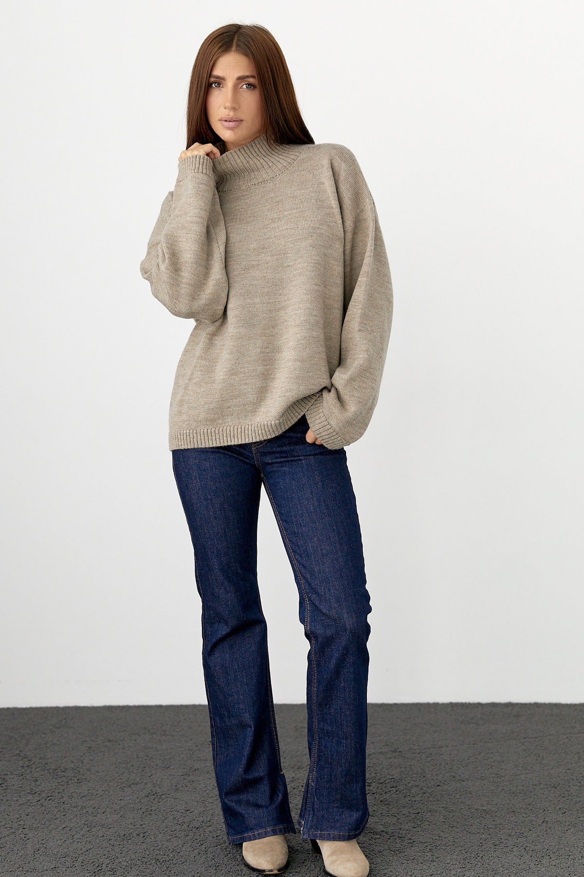 100% Wool Oversized Mock Neck Sweater, Taupe Sand