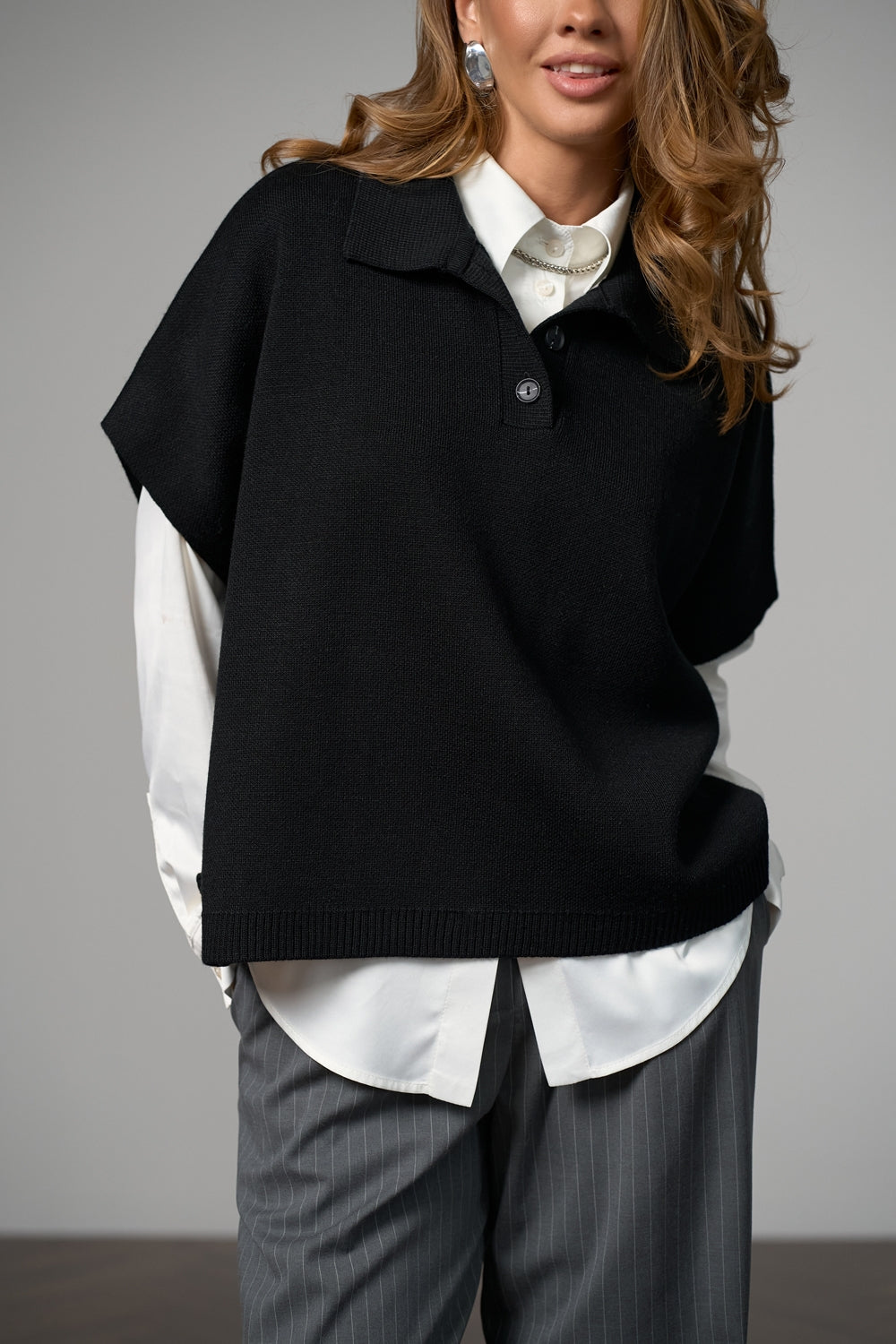 Wool Knit Poncho Vest With Polo Collar, Black