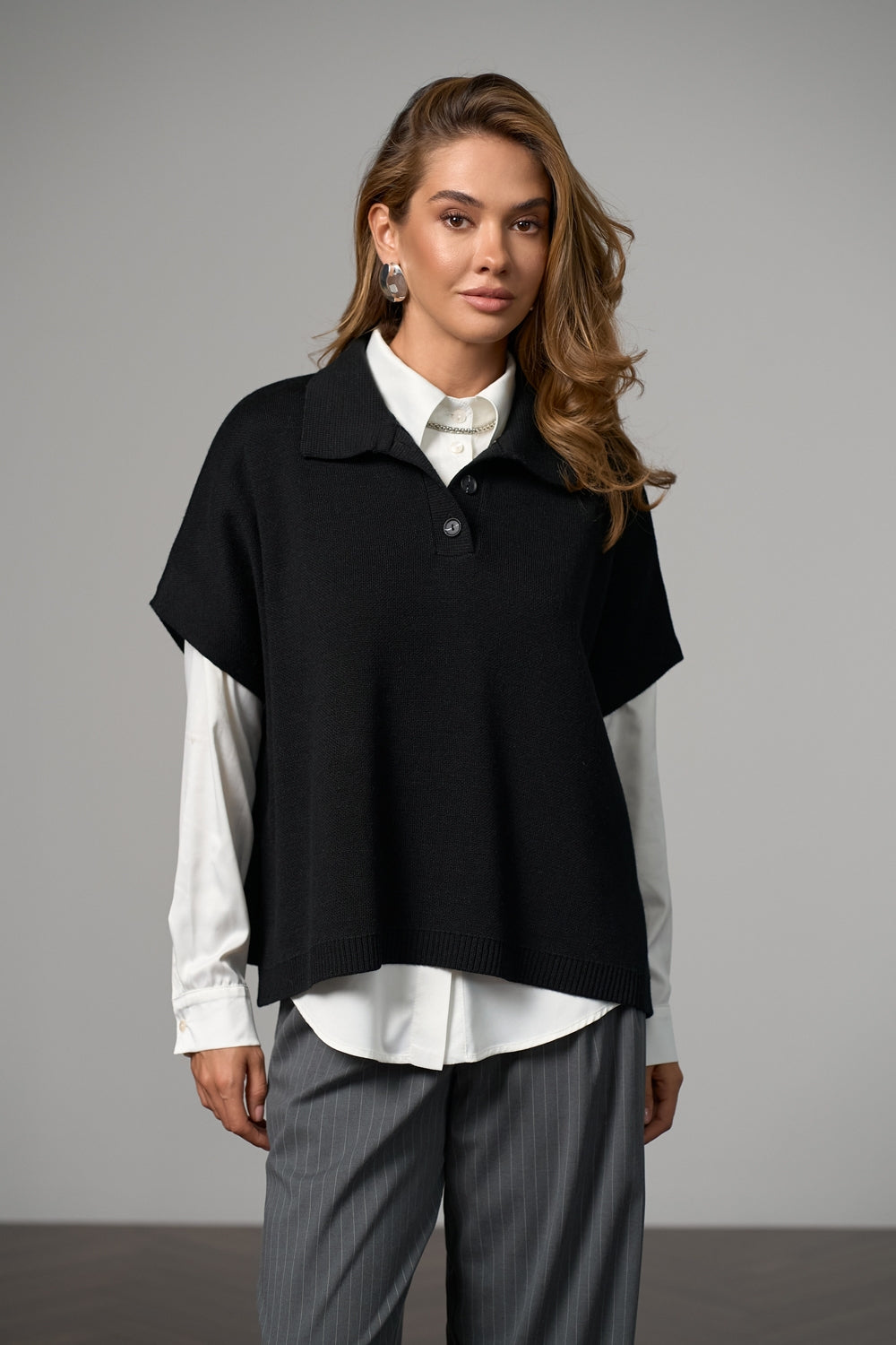 Wool Knit Poncho Vest With Polo Collar, Black