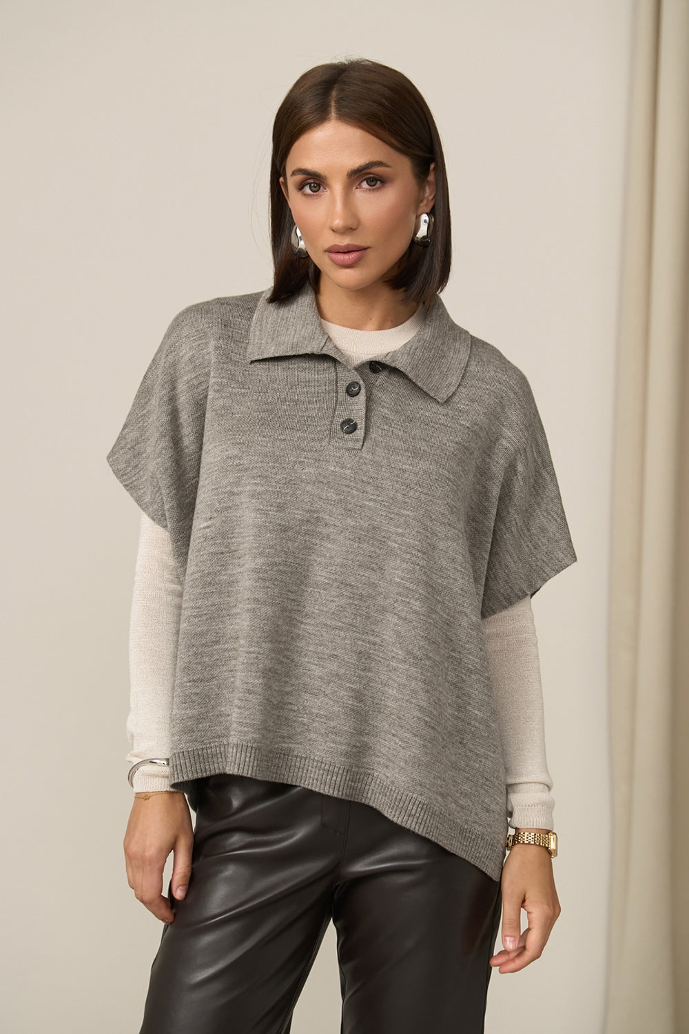 Wool Knit Poncho Vest With Polo Collar, Gray