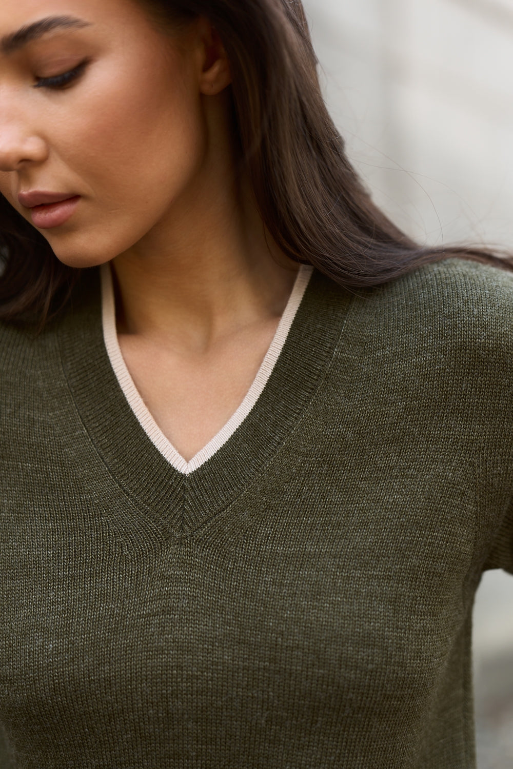 Wool V-Neck Sweater with Contrast Trim