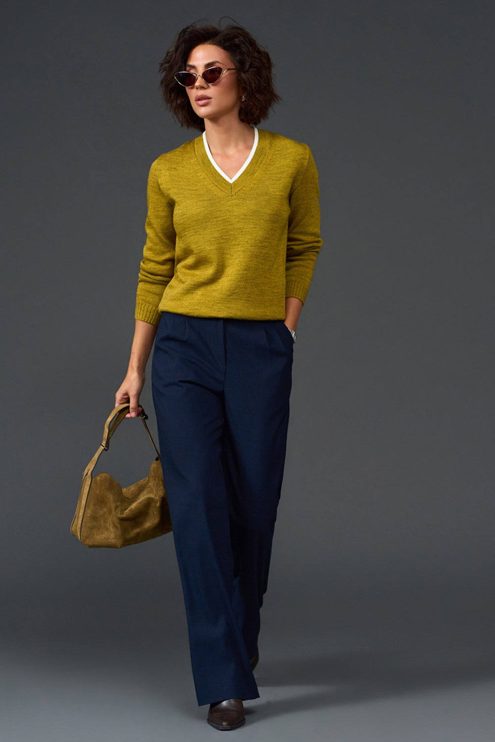 Wool V-Neck Sweater with Contrast Trim